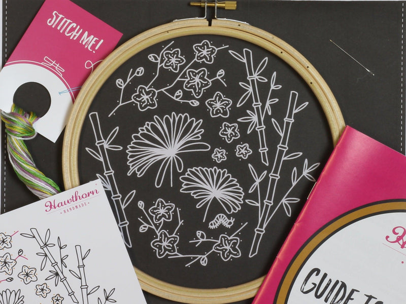 Black Japanese Garden Embroidery Kit-Embroidery-Hawthorn Handmade-Acorns & Twigs